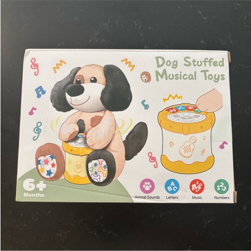 Dog Stuffed Musical Toy - Tan & Black Plush Drum for Kids
